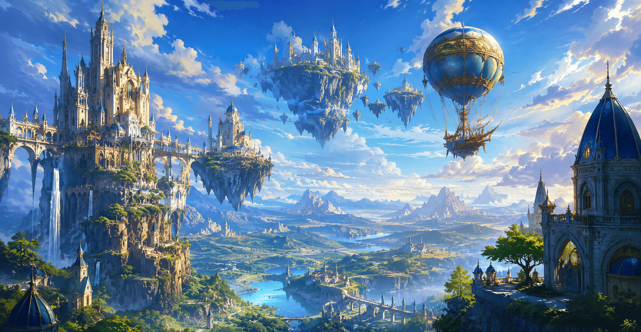 Fantasy promotional artwork of floating islands and a castle city