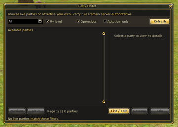 Party Finder with level and open-slot filters.