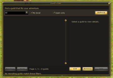 Guild Finder with level and open-slot filters.