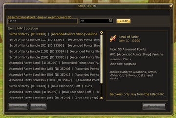 Shop Search results for rarity scrolls, including vendor and location.