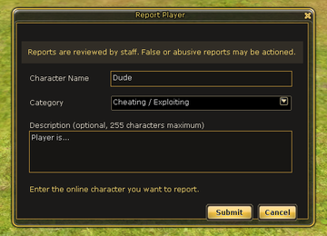 Report Player form with character name, category and description.