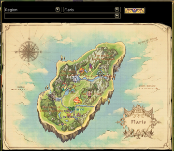Flaris map with locations and character marker.