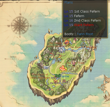 World map monster tooltip identifying Fefern variants and levels.
