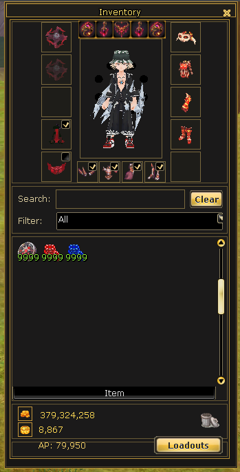 Inventory with equipment, item slots and currency balances.