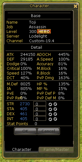 Character window with level, job and combat statistics.