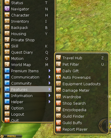 Main menu with window shortcuts and Features submenu.