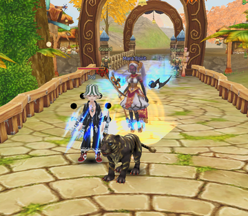 A character accompanied by a pet in Flaris.