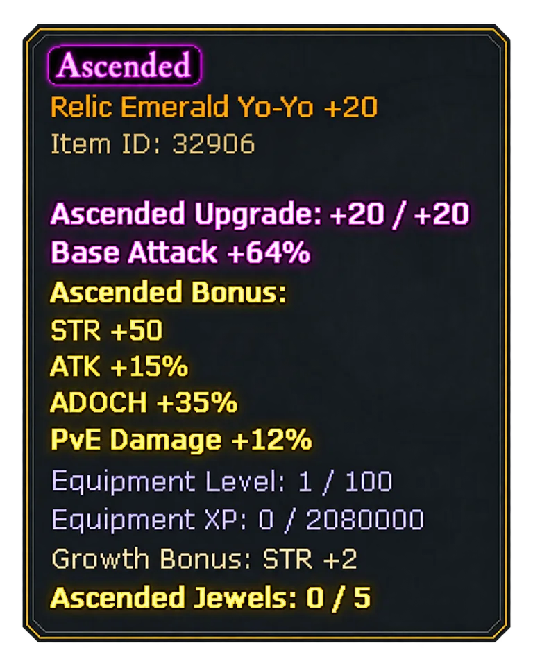 A finished Ascended +20 weapon and its Ascended Bonus line.