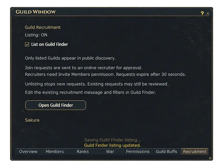 The Guild Finder recruitment listing.