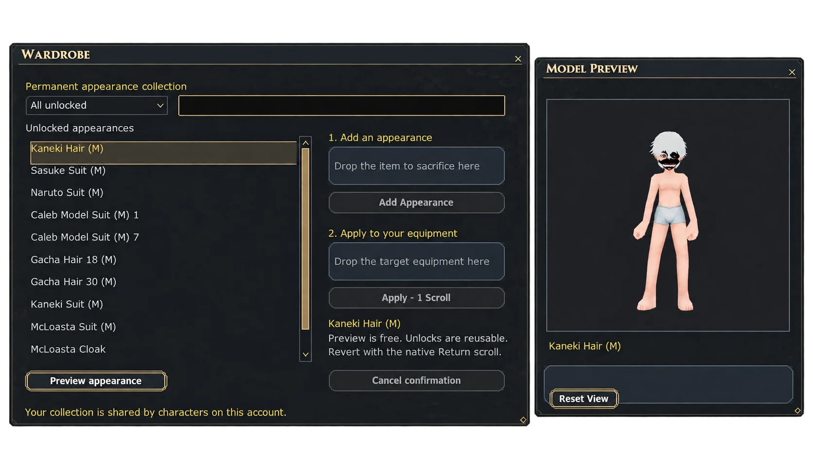 Wardrobe window listing unlocked appearances with an Apply for 1 Scroll option.