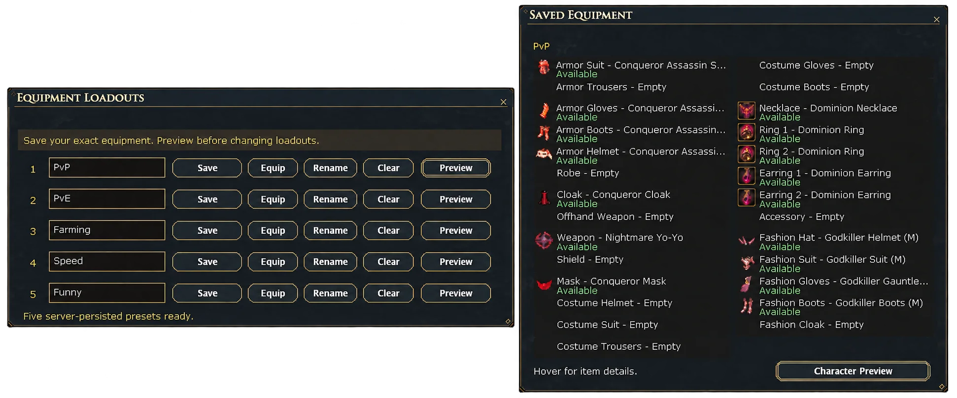Equipment Loadouts window with five named presets and a Saved Equipment breakdown.