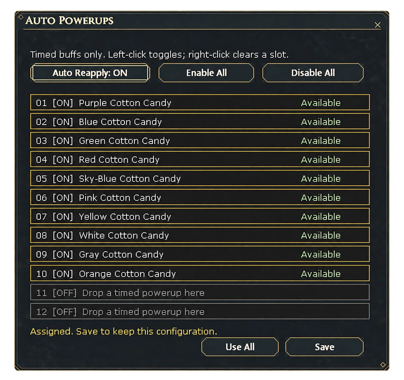Auto Powerups window with ten active buff slots and Auto Reapply enabled.