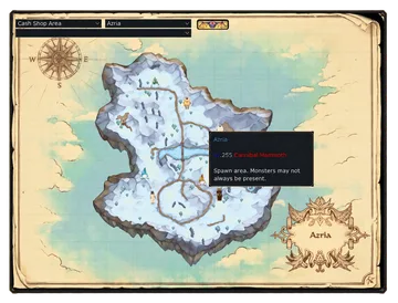 The World Map, showing a zone with monster levels visible.