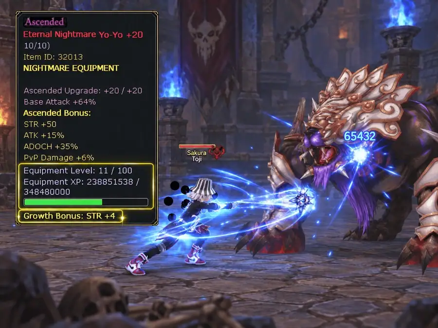 Animated capture of an Ascended weapon tooltip gaining Equipment XP while fighting a boss.